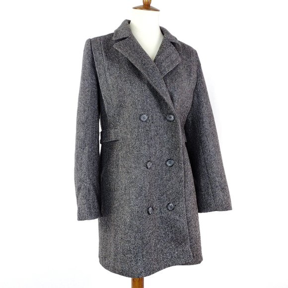 Vintage Gray Wool Herringbone Pea Coat Small - Picture 1 of 10
